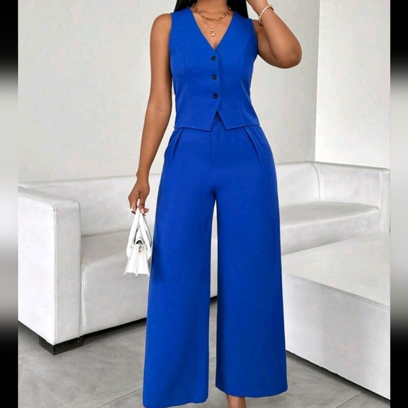 2pcs Women Solid Color Single-Breasted Vest And Wide Leg Pants Casual Business - Picture 1 of 4